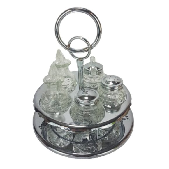 Vintage Chromeware Cruet Set Condiment Set Salt & Pepper Oil & Vinegar Mustard - Picture 1 of 16